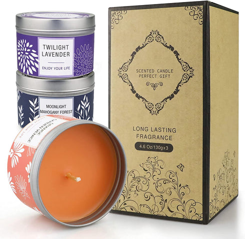 Candles for Home Scented, 100H Long Lasting Aromatherapy Soy Candles Set, Highly Scented & Jar Candles Stress Relief Gifts for Women - 3 Pack 4.6 Oz, Lavender | Orange Blossom | Mahogany Scent Candle