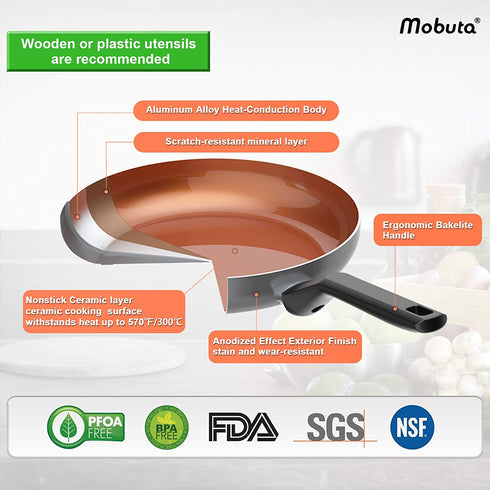 MOBUTA 11 Inch Nonstick Frying Pan,Copper Cooking Skillet with Ceramic Coating, Induction Incompatible, 100% PFOA Free