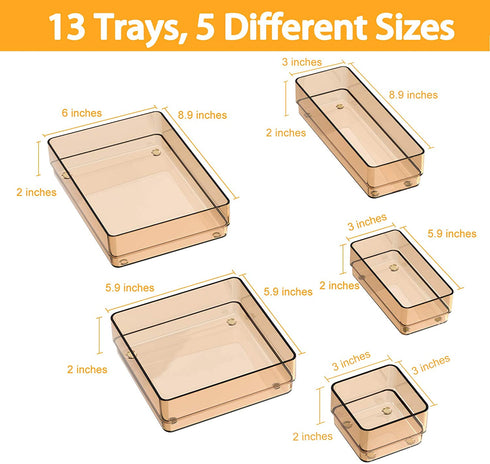 SMARTAKE 13-Piece Drawer Organizer with Non-Slip Silicone Pads, 5-Size Desk Drawer Organizer Trays Storage Tray for Makeup, Jewelries, Utensils in Bedroom Dresser, Office and Kitchen (Light Brown)