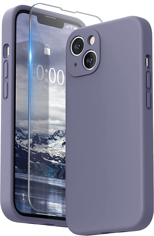SURPHY Compatible with iPhone 13 Case with Screen Protector, (Camera Protection + Soft Microfiber Lining) Liquid Silicone Phone Case 6.1 inch 2021, Lavender Gray