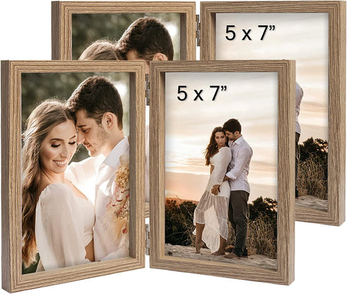 ORIVAN 2 Pack 5x7 Double Picture Frames Hinged Folding Photo Frames with Glass Vertical Stand Frames (Grain)