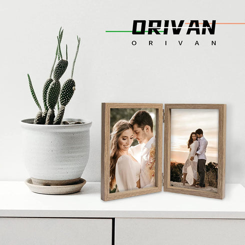 ORIVAN 2 Pack 5x7 Double Picture Frames Hinged Folding Photo Frames with Glass Vertical Stand Frames (Grain)