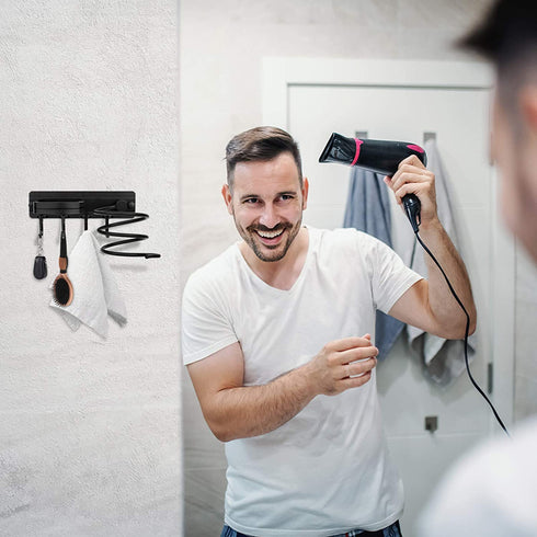 Hair Dryer Holder, AXUAN Blow Dryer Holder Wall Mounted with 4 Hooks, Save Space & Easy to Install, Bedroom & Bathroom Hair Tool Organizer for Hair Dryer, Flat Irons, Hair Straighteners (Black)