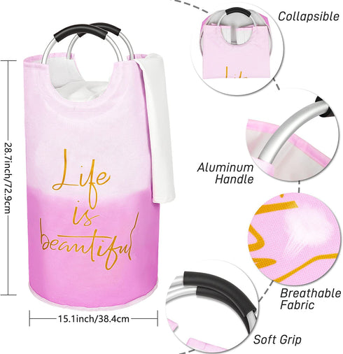 Laundry Basket, Roiroiko Waterproof 82L Large Collapsible Fabric Laundry Hamper, Foldable Clothes Storage Washing Bag Washing Bin with Alloy Handles for College Bathroom Travel (life pink)