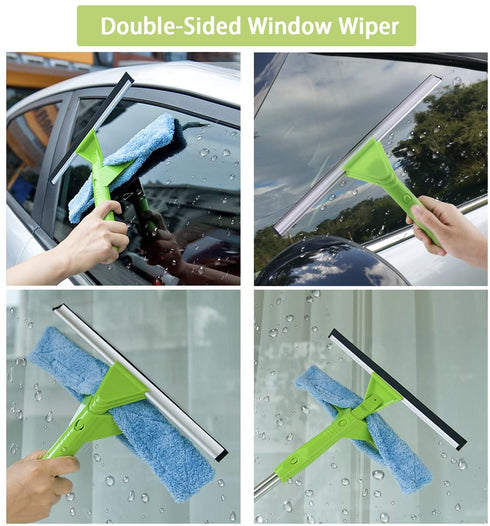 Window Squeegee Cleaner Scrubber 3 in 1 Professional Detachable Cleaning Kit Microfiber Brush and Rubber Scraper with Extension Pole for Glass Auto Mirrors