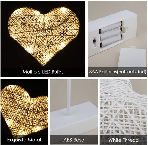 Lewondr Table Lamp, Battery Powered Heart Shape Ramadan Light Desk Lamp LED Christmas Decorative Lamp Winding Iron Frame Plastic Base Warm White Bright Light Home Bedroom Romantic Decoration - White
