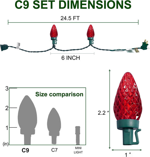C9 Christmas Lights, 50 Count 24.5 FT Faceted String Lights Connectable Commercial Grade Indoor Outdoor, 120V UL Certified Xmas Strawberry Light Strand for Halloween, Thanksgiving Day Parties, Red