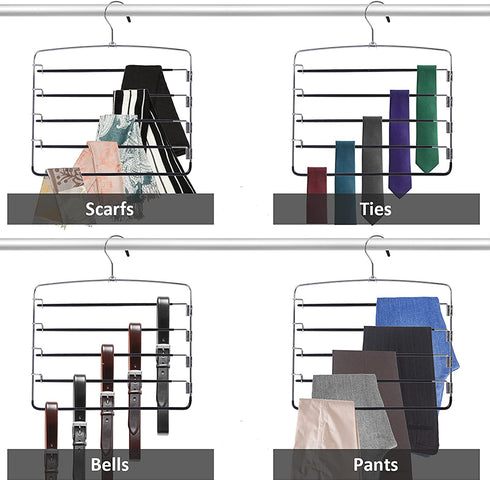 Pants Hangers 4 Pieces, Swing Arm Trousers Hanger, Space Saving Pants Rack, 5 Layers Jeans Hangers with Non-Slip, Multiple Pants Hanger Closet Organizer for Trousers Scarves Ties