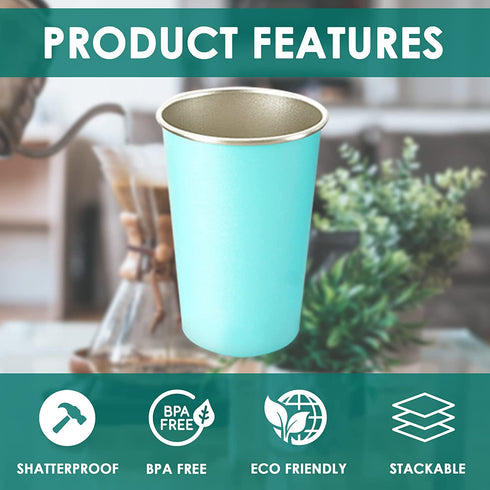 ABGOODS Premium Pint Stainless Steel Cups for Kids and Adults 16 oz - Drinking Glasses Made of Material Indoor Outdoor Activities Four with Cleaning brushes & Straws in a Clear Pack