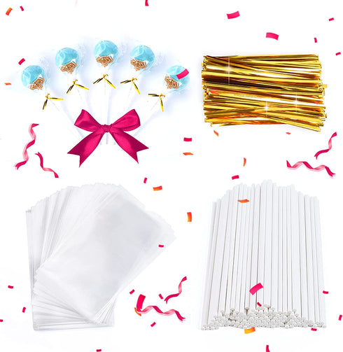TAIHUIMY 360Pcs 6inch Lollipop Sticks, Cake Pop Lollipops, Chocolates and Cookies Bag Set Including 120 Parcel Bags, 120 Papery Treat Sticks, 120 Gold Twist Ties