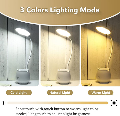 IEIK Desk Lamp for Home Office LED Desk Light with Pen Holder Phone Holder, Flexible Gooseneck Table Lamp with 1250 mAh USB Rechargeable Battery Stepless Dimming Study Lamp for Kids Bedroom Dorm