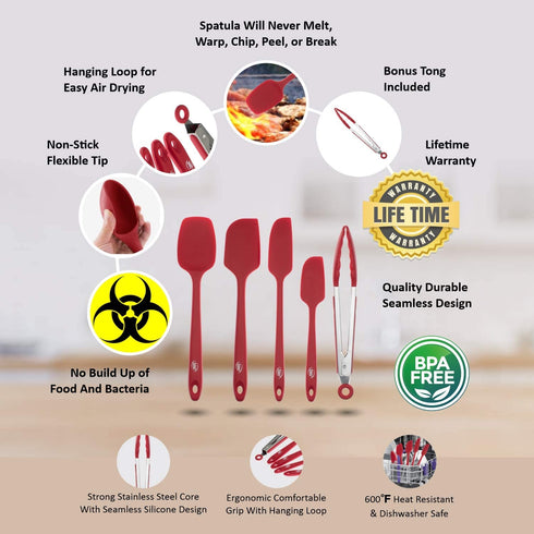 Kaluns Silicone Spatula, Set of 4 Rubber Spatulas and 1 Kitchen Tongs, Nonstick Seamless Design with Stainless Steel Core, Heat Resistant