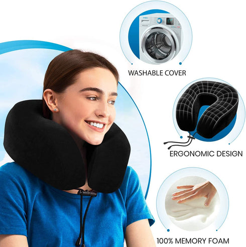 Everlasting Comfort Memory Foam Travel Pillow - Airplane Neck Rest & Plane Accessories (Black)