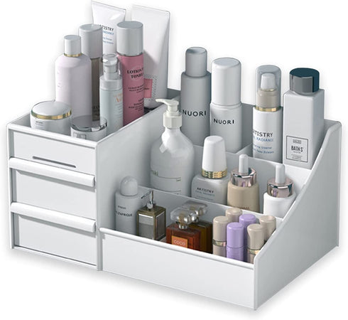 LtyTz Makeup Desk Organizer With Drawers - Countertop Bathroom Skincare Organizer for Cosmetics, Vanity Holder for Lipstick, Brushes, Lotions, Eyeshadow, Nail Polish and Jewelry Sundries, A-White