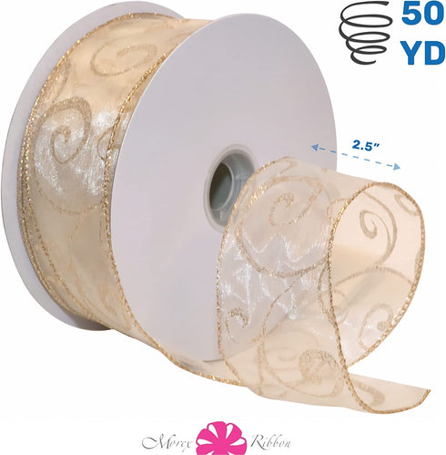 Morex Ribbon 7416.60/50-004 Swirl 2.5" X 50 YD Nylon Sheer Curling Wired Glitter Ribbon, Ivory/Gold, Holiday Ribbons for Crafts and Christmas Decorations, Indoor Christmas Ribbon for Gift Wrapping