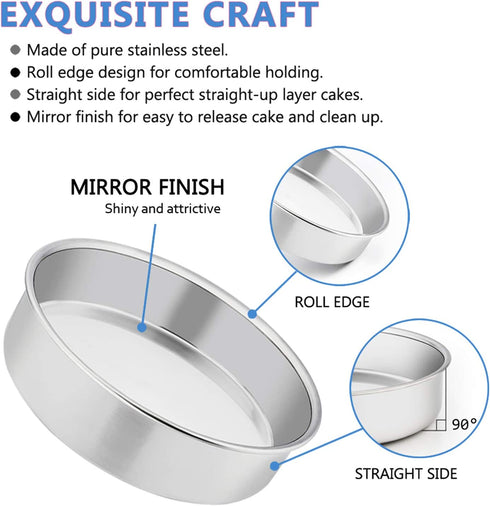 8 Inch Cake Pan Set of 4, E-far Stainless Steel Round Layer Cake Baking Pans, Non-Toxic & Healthy, Mirror Finish & Dishwasher Safe