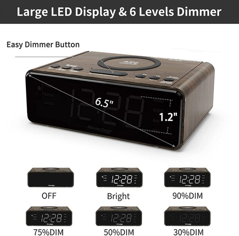 REACHER Alarm Clock Radio with Wireless Charging & USB Charger, Large LED Dimmable Display, 2 Wake Up Sounds, Adjustable Volume, FM Radio, Sleep Timer, Battery Backup for Bedroom, Office (Wood Grain)