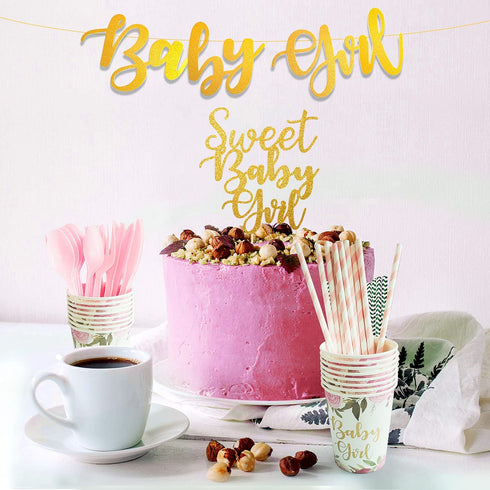 HIPEEWO Baby Shower Decorations for Girls Plates and Napkins Tableware - Plates, Cups, Napkins, Banner, Cultery, Tablecloth, Straws, Topper, for Floral Theme Baby Shower Party Supplies | Serve 16