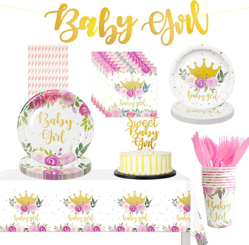 HIPEEWO Baby Shower Decorations for Girls Plates and Napkins Tableware - Plates, Cups, Napkins, Banner, Cultery, Tablecloth, Straws, Topper, for Floral Theme Baby Shower Party Supplies | Serve 16