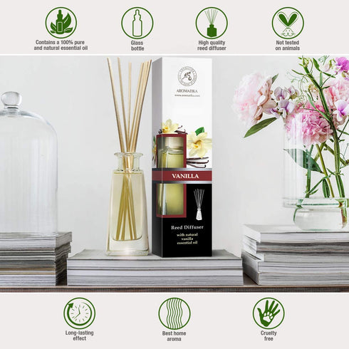 Reed Diffuser with Natural Essential Oil Vanilla 3.4 oz (100ml) - Scented Reed Diffuser - Non Alcohol - Gift Set with Bamboo Sticks - Best for Aromatherapy - SPA - Home - Office - Fitness Club