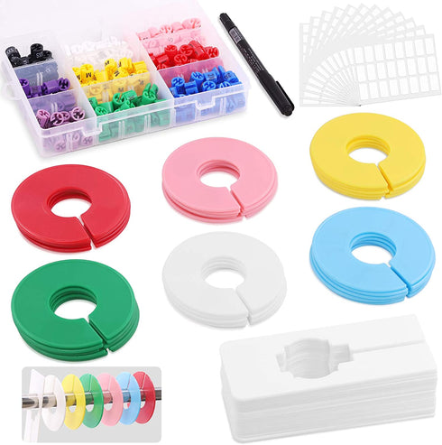Mardatt 256Pcs Clothing Size Dividers Assortment Kit Including 20Pcs Rectangular Closet Dividers, 30Pcs Round Closet Dividers, 200Pcs Hanger Size Markers w Markers and Adhesive Labels