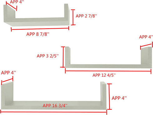 EWEI'S HomeWares Ewei ' S Homewares Whc 1004 Cd 3 Floating U Shelves-White, 17.9 x 8.5 x 4.6