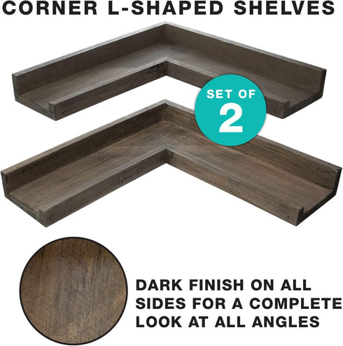 Excello Global Products Wooden L Shaped Corner Shelves: Ready to Hang Home Decor for the Living Room, Bedroom, Office, Kitchen or Bathroom (2 Pack)