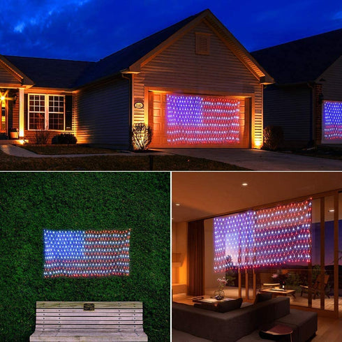 American Flag Lights, 6.56ft x 3.28ft Red White Blue Led Flag Lights, 390 LED Flag Net Lights with 8 Modes for Independence Day, Memorial Day, Christmas Day, Festival Decorations