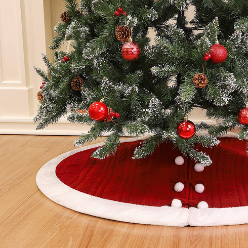 WBHome Christmas Tree Skirt, 48 inch Double-Layer Cable Knit Knitted Thick Rustic Holiday Decoration, Christmas Red with Snow White Plush