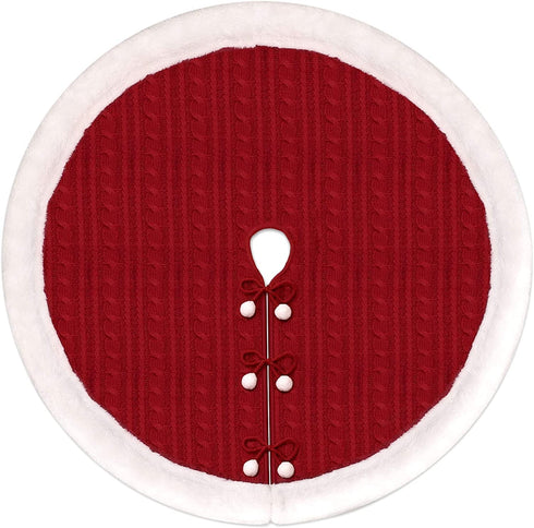 WBHome Christmas Tree Skirt, 48 inch Double-Layer Cable Knit Knitted Thick Rustic Holiday Decoration, Christmas Red with Snow White Plush