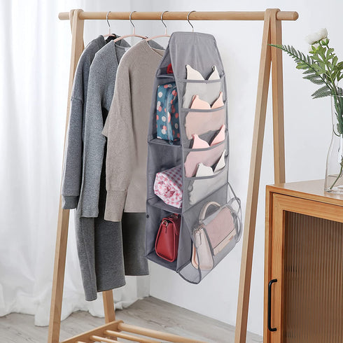 ELUCHANG 4-Shelf Hanging Closet Organizer, Handbags Holder with 2 Sturdy Hooks for Closet,Grey