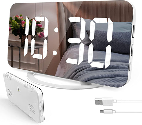Digital Alarm Clock, 7" Large LED Mirror Electronic Clocks?Bedside Clock with Touch Snooze, Dual USB Charge, Auto Adjustable Brightness, Desk Wall Modern Clocks for Bedrooms Living Room Office(White)
