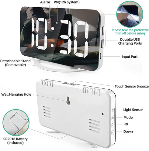 Digital Alarm Clock, 7" Large LED Mirror Electronic Clocks?Bedside Clock with Touch Snooze, Dual USB Charge, Auto Adjustable Brightness, Desk Wall Modern Clocks for Bedrooms Living Room Office(White)