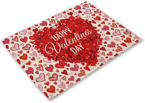 Valentine's Day Placemats Set of 4 Washable Cotton Linen Heat Resistant Table Place Mats Happy Lover Romantic Rose Love Red Placemats for Holiday Banquet Dining Kitchen Table Decor (Valentine's Day)