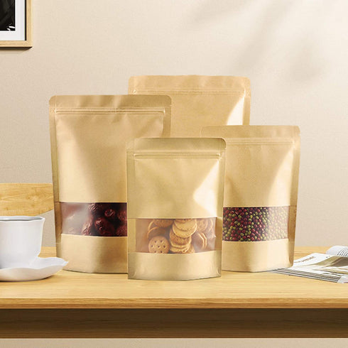 100 Pcs Resealable bags,4.7" x 7.9" Stand Up Kraft Paper Bags with Matte Window, Zip Lock Food Storage Bags for Packaging Products, Reusable, Sealable