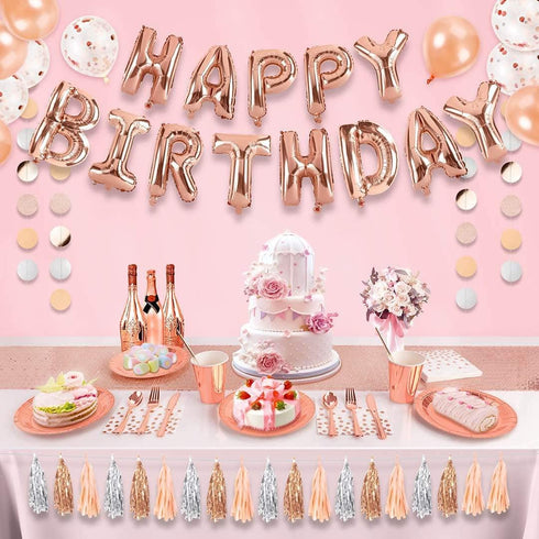 DECORLIFE Rose Gold Birthday Decorations, Happy Birthday Decorations for Girls and Women, Brilliant Table Runner, Circle Garlands and Hanging Paper Fans Included, for Sweet 16, 23 50 70th Birthday