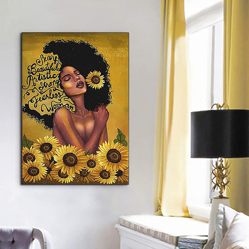 African American Canvas Wall Art Black Woman With Butterflies Paintings Sexy Black arounded by Sunflower Canvas Paintings Afro Women Picture Black Queen Inspirational Wall Art Hanging Poster Painting Black Girl Photography Abstract Watercolor Sunflower Pa