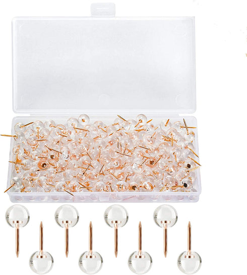WenTao 150PCS Push Pins, Rose Gold Map Thumb Tacks, Large Size Pins Rose Gold Steel Point and Transparent Plastic Round Head for Bulletin Board, Fabric Marking, Crafts and Office Organization