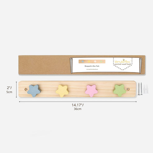 WonderBee Wooden Coat Hanger Rack Wall Mounted 14" - Natural Pine Wood, 4 Star Shaped Pegs, Rounded Corners, Predrilled Mounting Holes for Easy Install. Decorative For Kid's Bedroom, Bath, Living Room