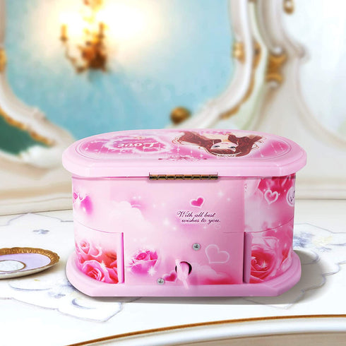Qulable Musical Jewelry Box,Girl's Musical Jewelry Storage Box with Drawer and Dancing Ballerina Makeup Mirror Music Box Jewelry Storage Music Box for Kids Children (Pink)