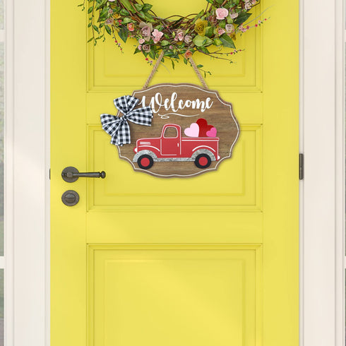 Winder Truck Welcome Sign for Front Door Red Truck Decor with 6-PC Interchangeable Seasonal Icons Farmhouse Wooden Wall Hanging for Birthday Halloween Christmas Holiday Hanger Decorations(Natural Red Truck)