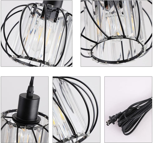 KAERDI Crystal Plug in Pendant Light Hanging Plug in lamp Mini Chandelier Swag Lights Cage Industrial Fixtures for Dining Room Bedroom Foyer Hallway Kitchen Island, Black