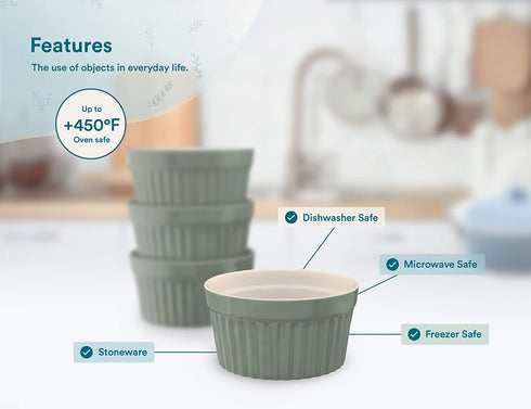 Kook 8 oz Porcelain Ramekins, Oven Safe, For Baking Pot Pies, Creme Brulee. Lava Cake, Set of 6 (Bay Leaf)
