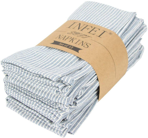 INFEI Narrow Striped Linen Cotton Dinner Cloth Napkins - Set of 12 (40 x 40 cm) - for Events & Home Use (Blue)