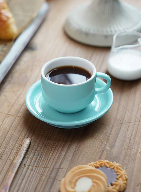 Sweese 405.402 Porcelain Stackable Espresso Cups with Saucers and Metal Stand - 4 Ounce - Set of 4,Turquoise