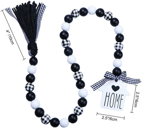 JOTFA Farmhouse Wood Bead Garland, Black & White Plaid Rustic Wooden Beads with Black Jute Buffalo Plaid Tassels Rustic Wooden HOME Sign for Farmhouse Tiered Tray D©cor Natural Country Chic Home D©cor