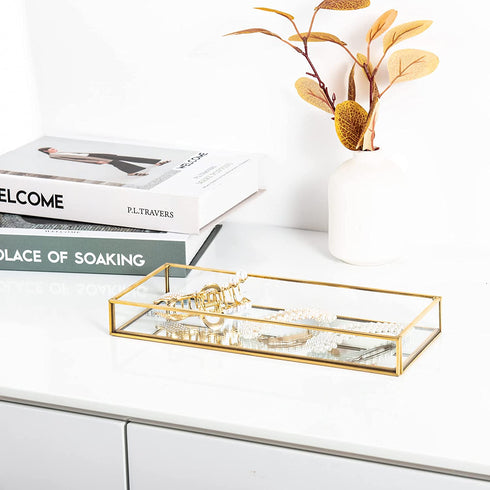 Feyarl Gold Clear Glass Vanity Tray Jewelry Trinket Rings Earrings Organizer Perfume Collection Display Decorative Tray Anti-Mirror Surface for Dressr Room Drawer Office Tabletop (9.84Inch)