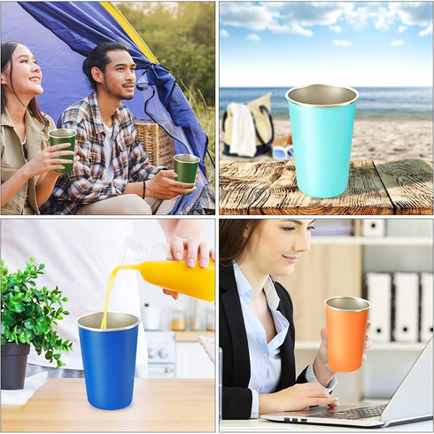 ABGOODS Premium Pint Stainless Steel Cups for Kids and Adults 16 oz - Drinking Glasses Made of Material Indoor Outdoor Activities Four with Cleaning brushes & Straws in a Clear Pack