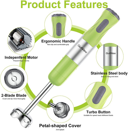 GutView Immersion Hand Blender 1000Watt, 5in1 Hand Mixer Set, Powerful Smart Stick Blender Stainless Steel Shaft and Blades, with 700ml Mixing Beaker, Milk Frother, 500ml Chopper, Egg Whisk