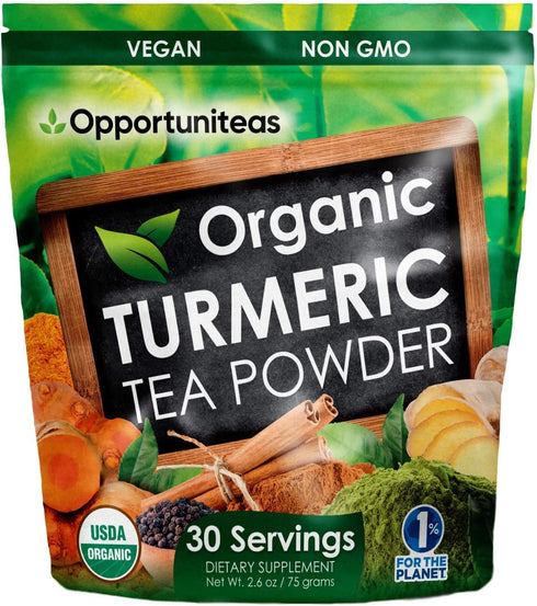 Organic Turmeric Tea Powder - Matcha Green Tea, Turmeric, Cinnamon, Ginger, Black Pepper - Natural Joint Support Supplement for Juice, Smoothie & Drinks - Vegan & Non-GMO - 30 Servings